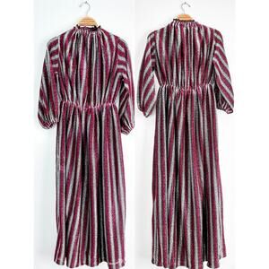 Vintage 70s Magenta Silver Stripe Glitter Sparkle Disco Party Maxi Dress small